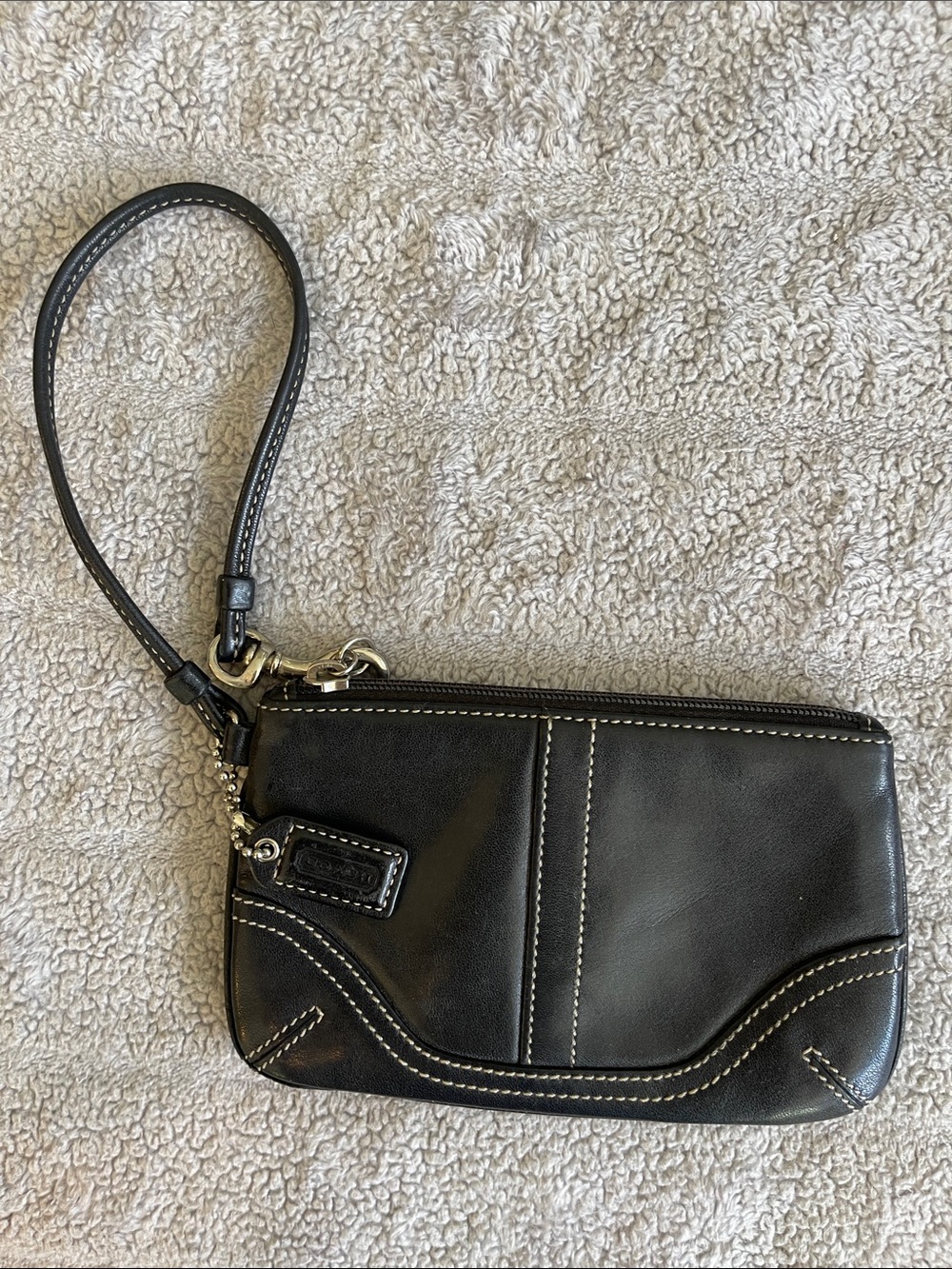 Coach Black Leather Wristlet with White Stitching